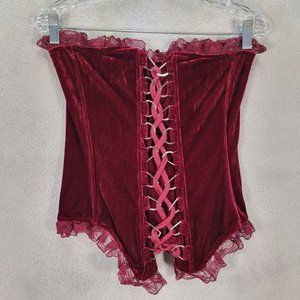 Western Fashion Burgundy Velvet Lace Ruffle Hem Sexy Steampunk Bustier Corset
